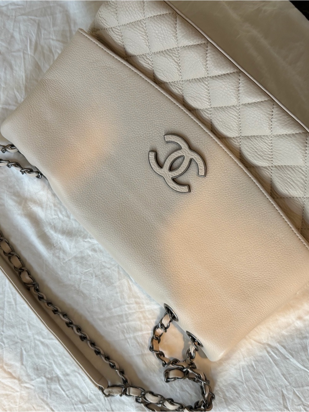 Cream Quilted & Smooth Leather Shoulder Bag